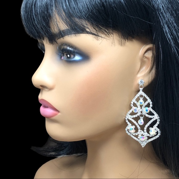 AB Iridescent & Clear Rhinestones Unique Open Swirl Post Drop Earrings - Picture 4 of 4